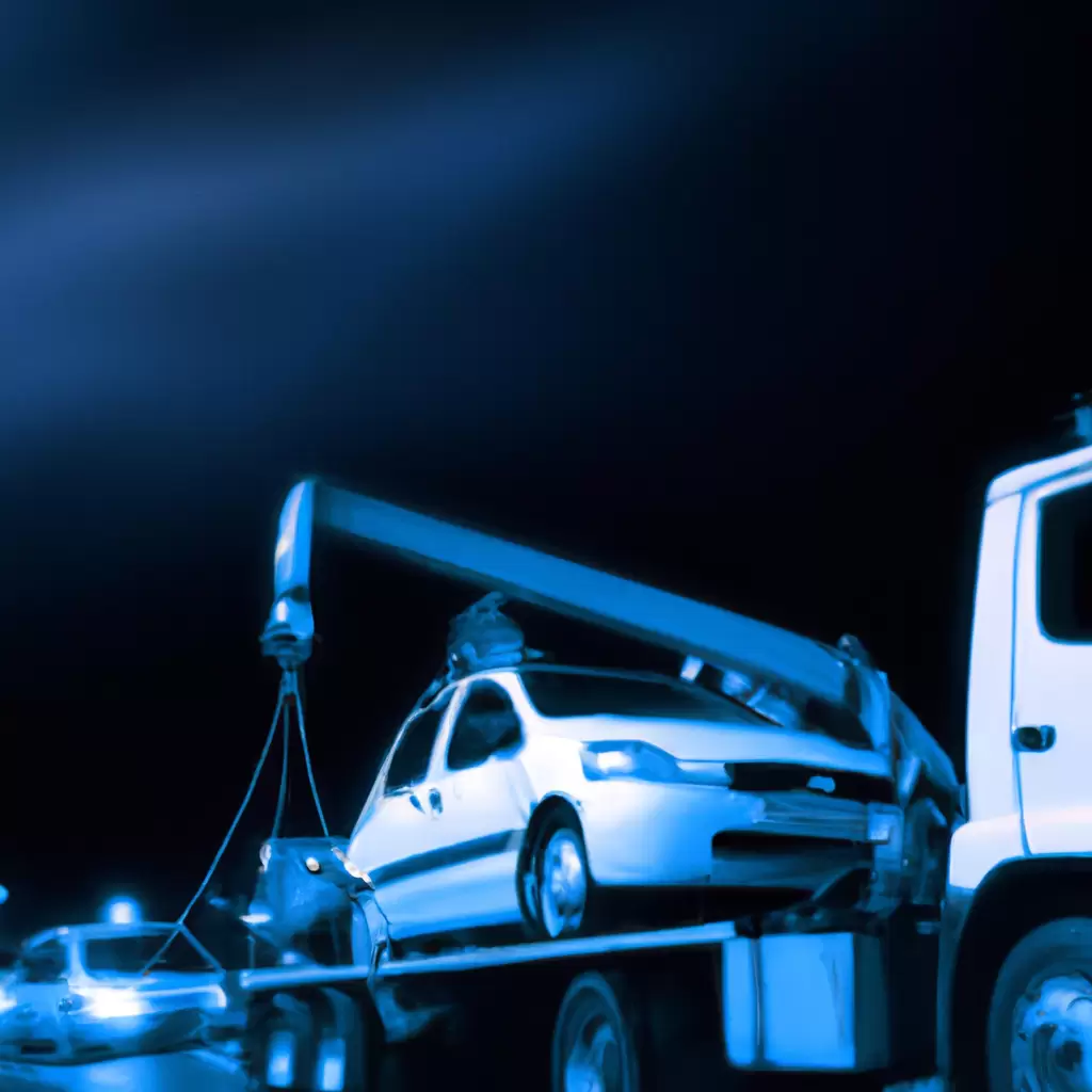 Tow truck aiding car at night.