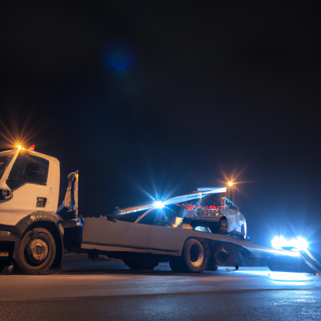 Tow truck aiding stranded car, night.