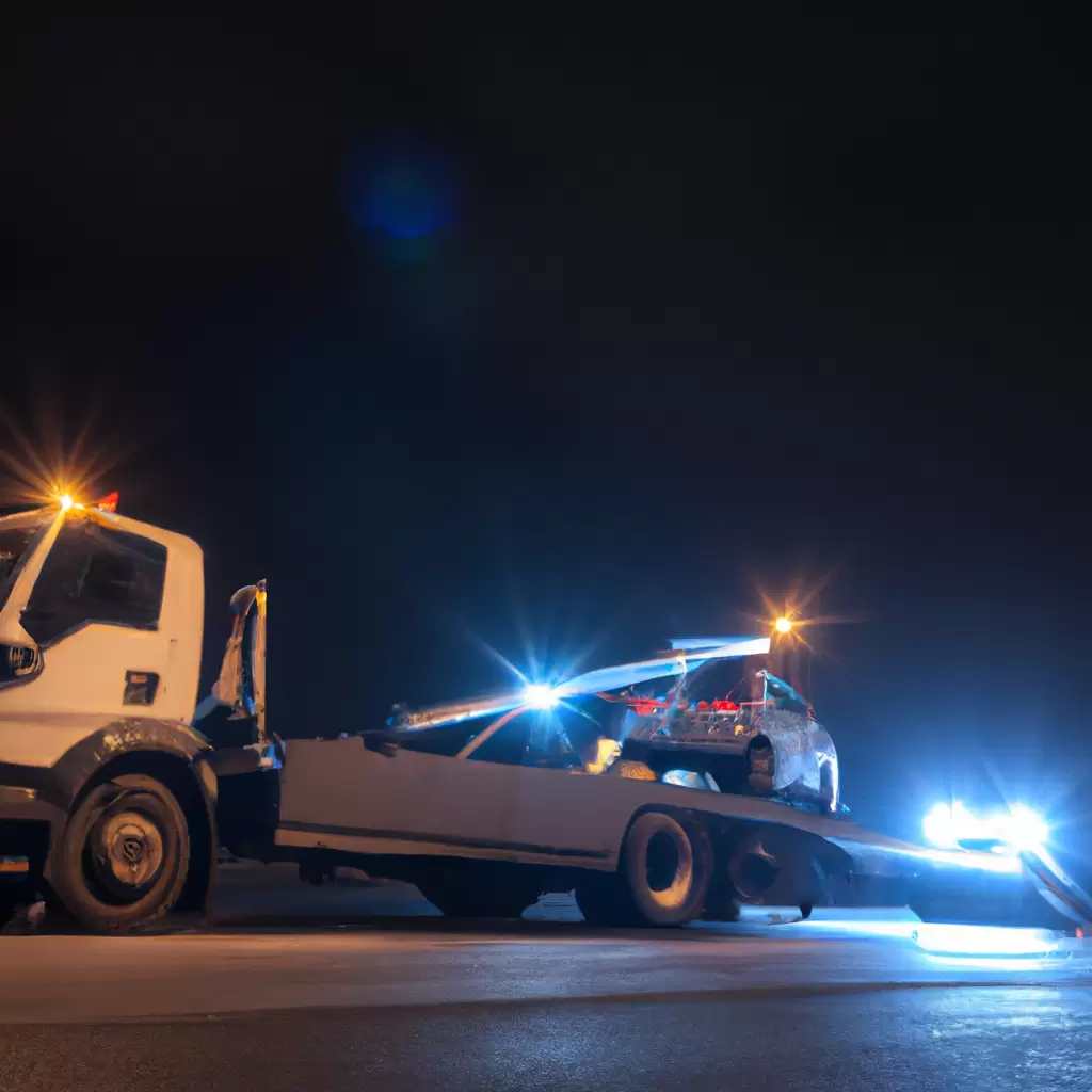 Tow truck aiding stranded car, night.