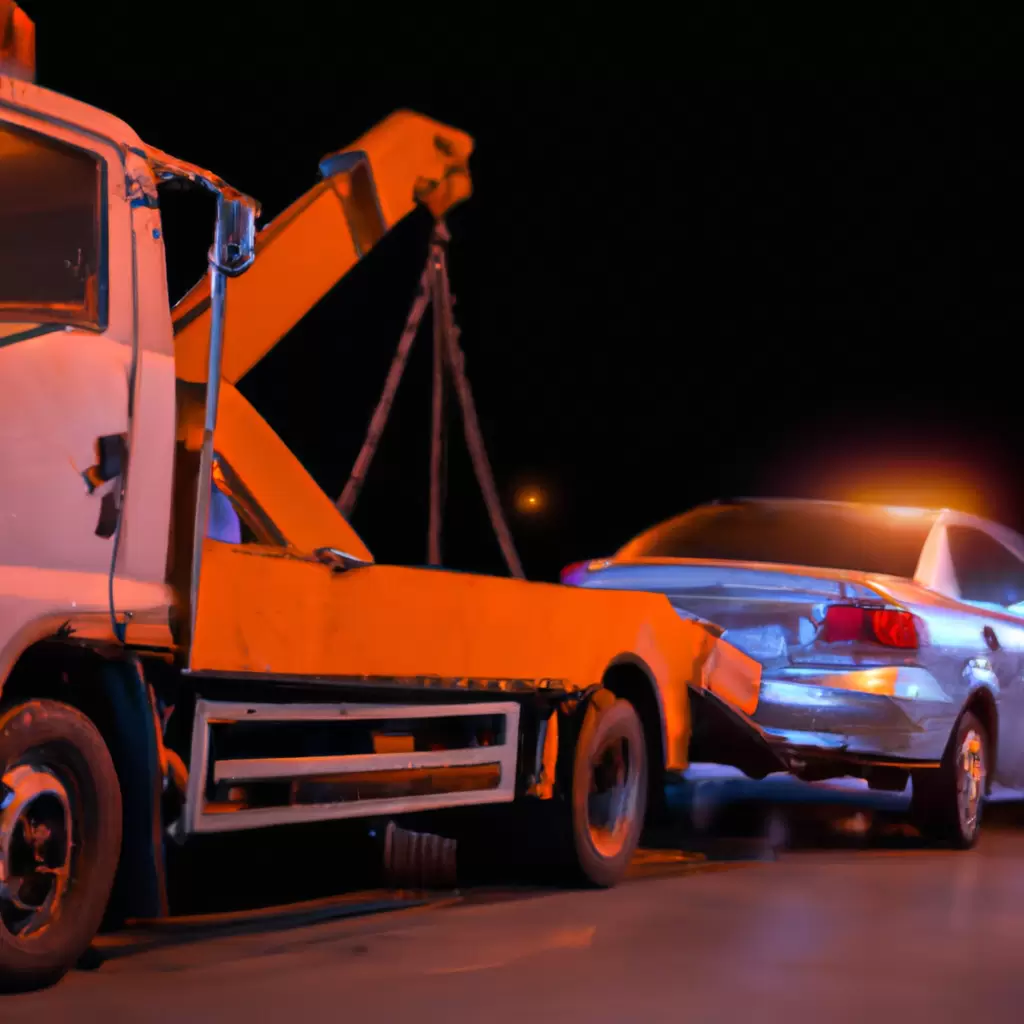 Tow truck assisting car at night.