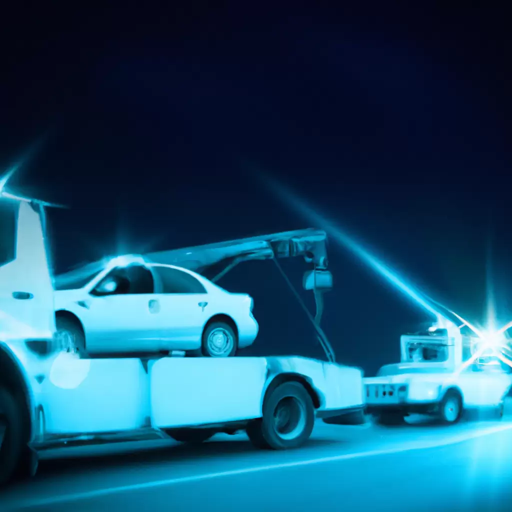 Tow truck assisting car at night.