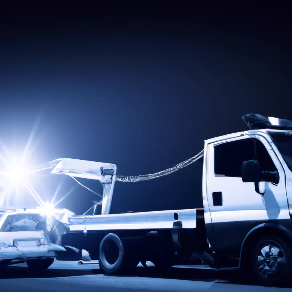 Tow truck assisting car at night.