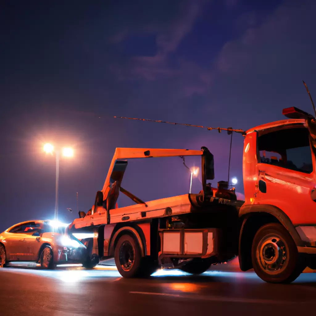 Tow truck assisting car at night.