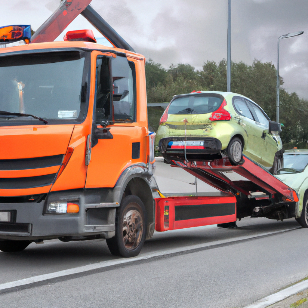 Tow truck assisting car on roadside.