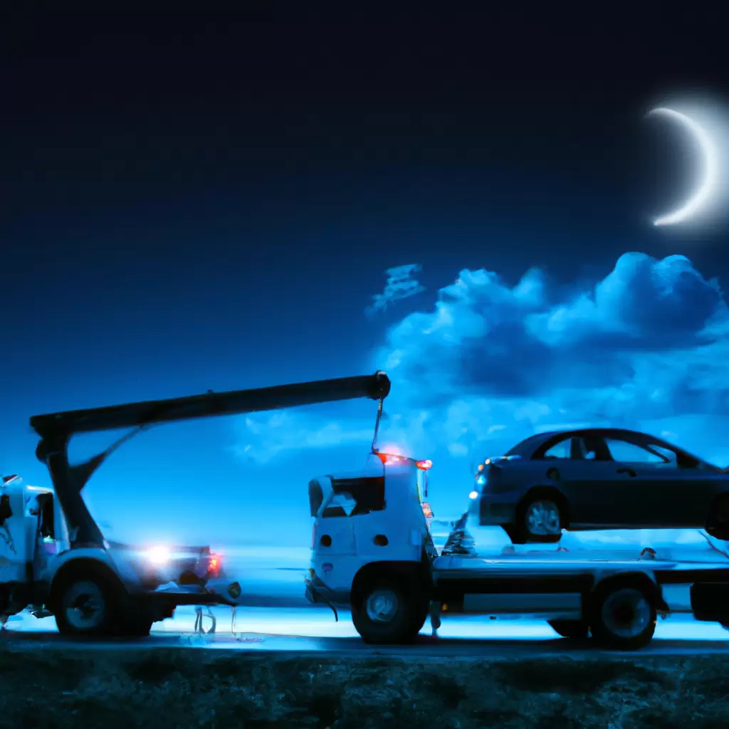 Tow truck assisting car under moonlight.