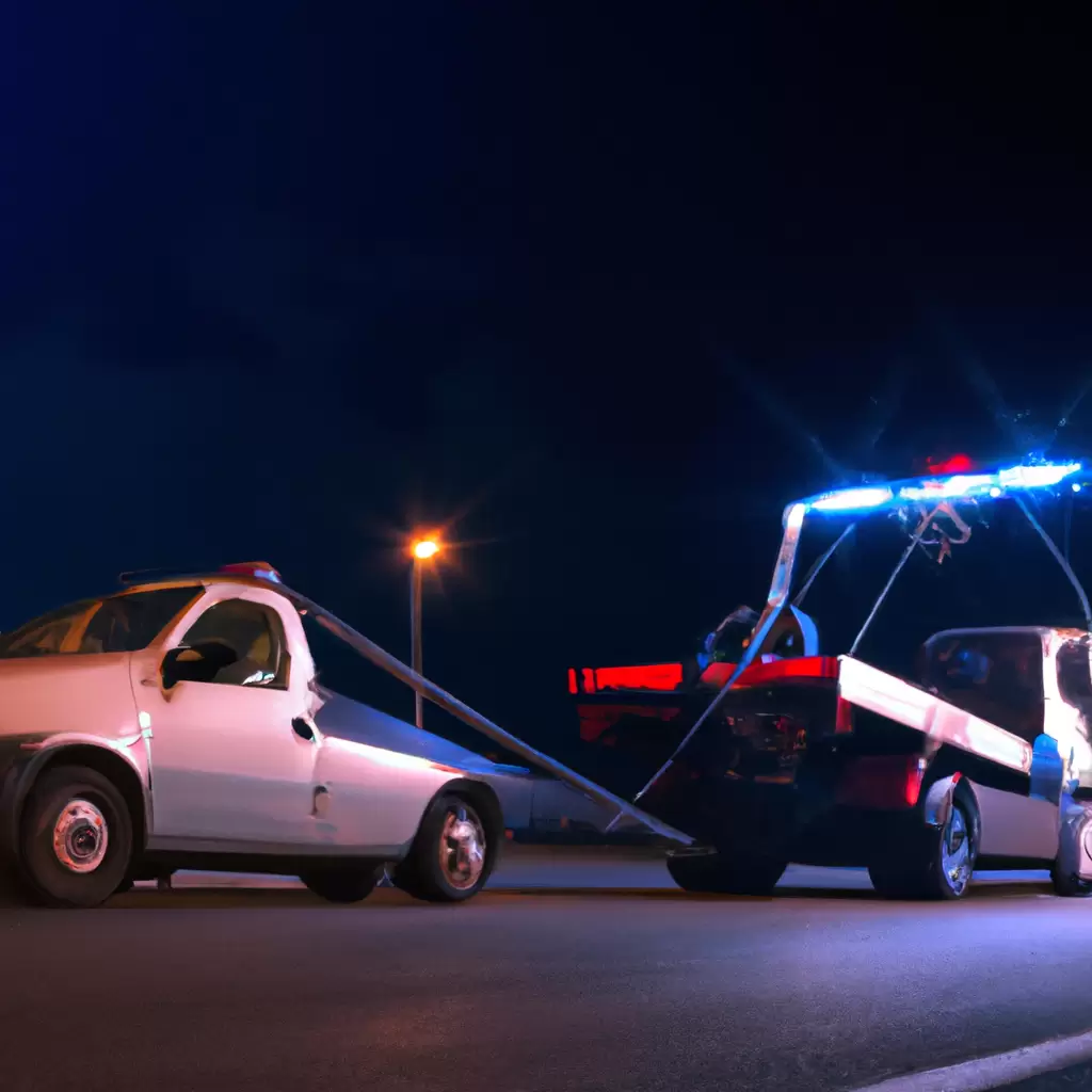 Tow truck assisting stranded car at night.