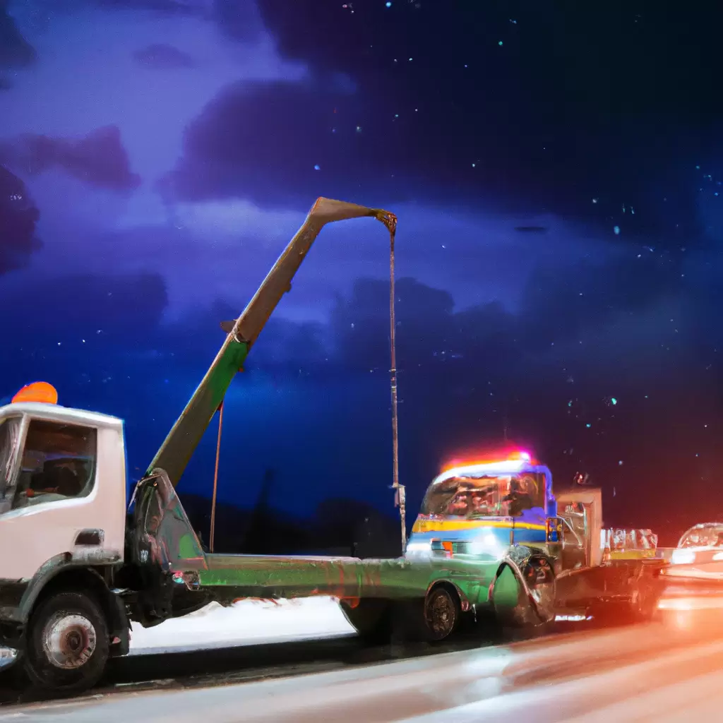 Tow truck assisting stranded car at night.