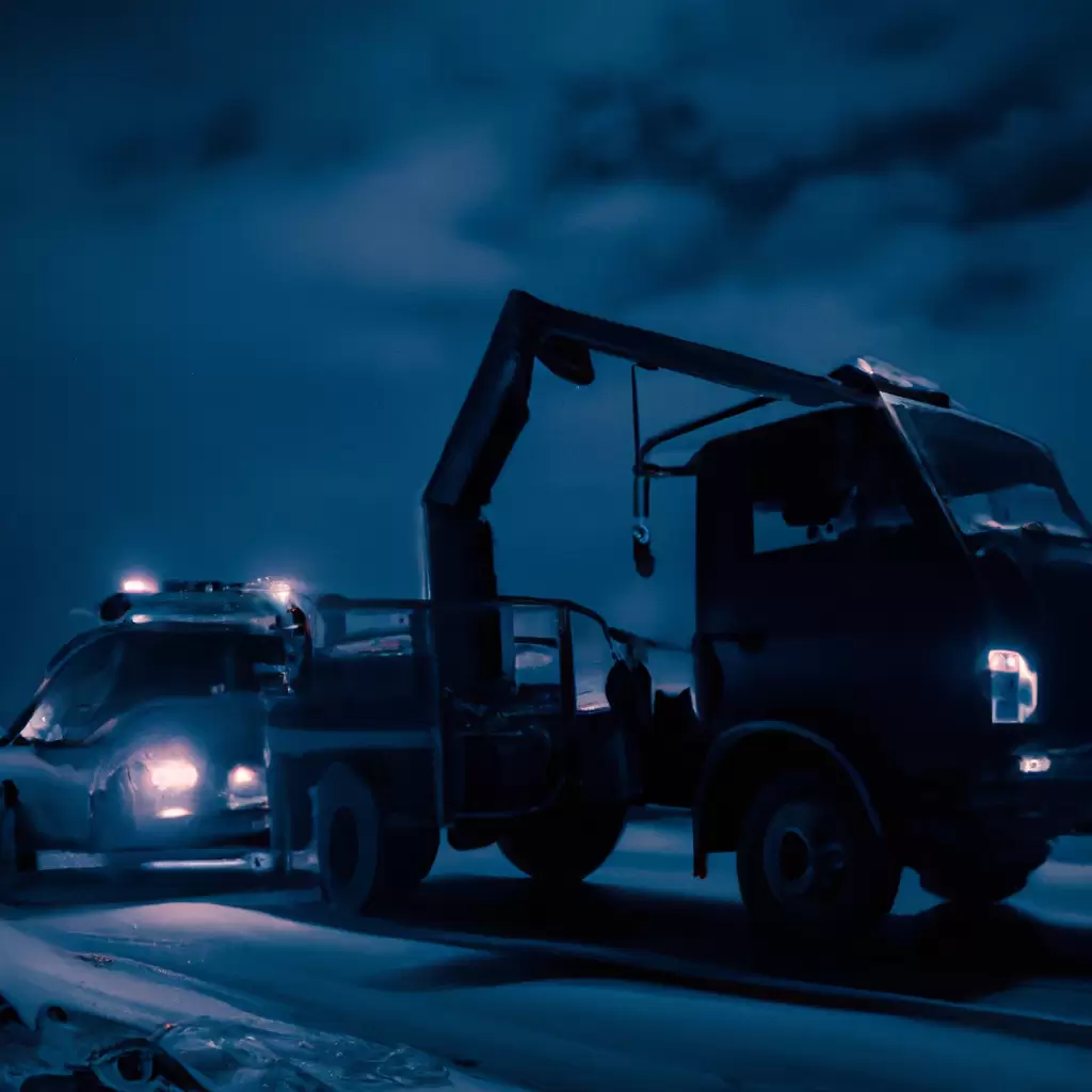 Tow truck assisting stranded car at night.