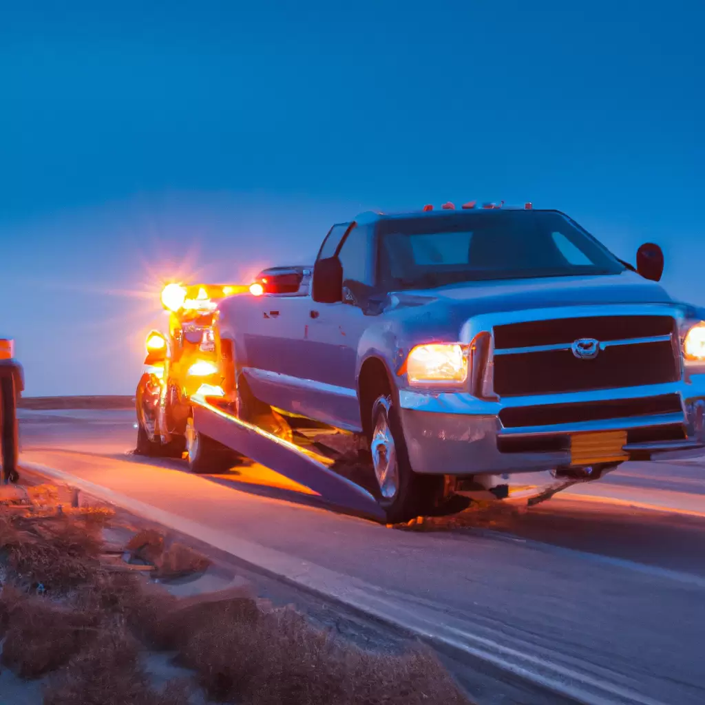 Tow truck assisting stranded driver at dusk.