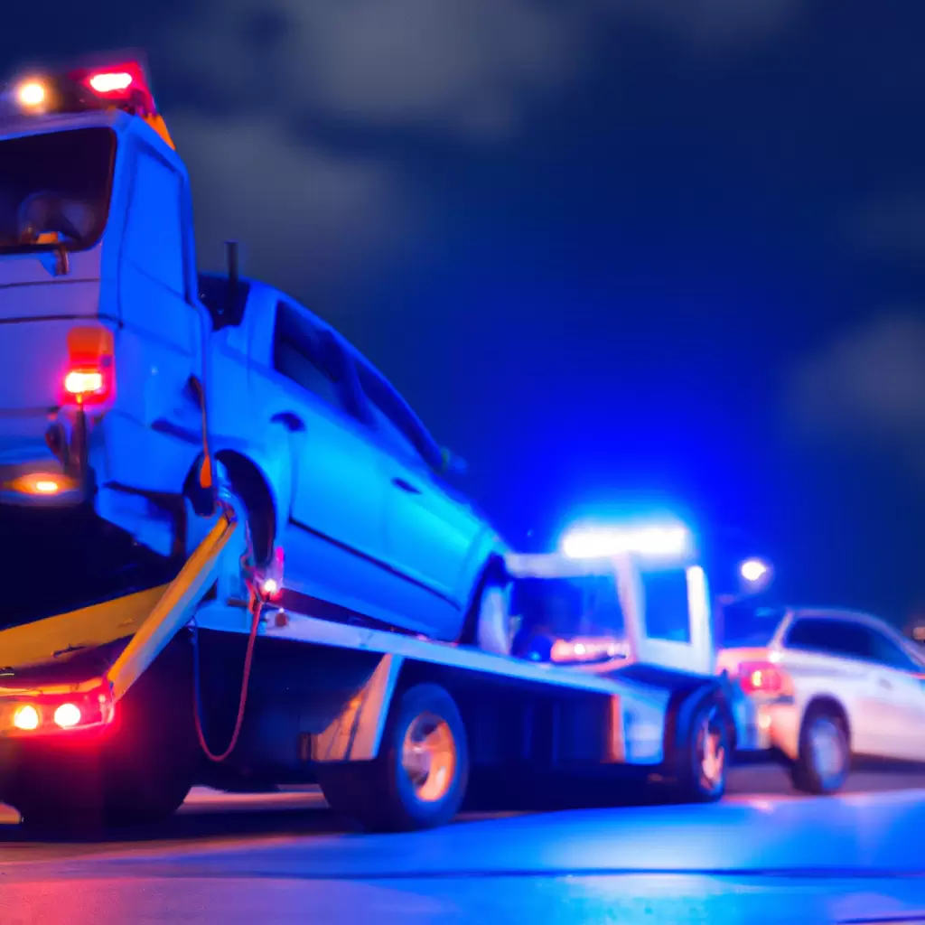 Tow truck rescuing car at night.